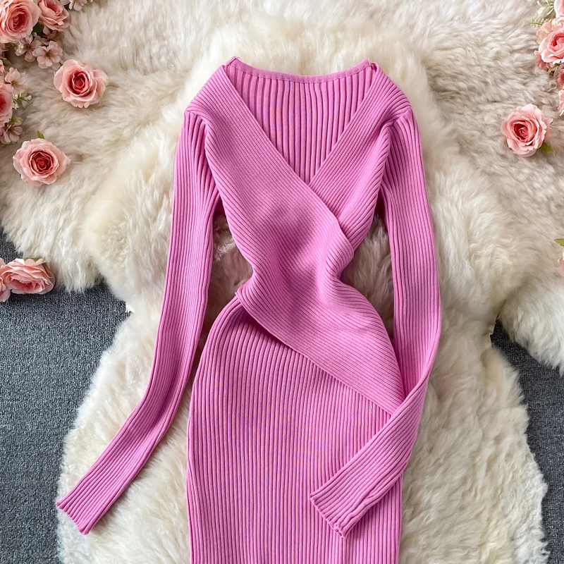 YuooMuoo Autumn Winter 2023 Women Dress Elegant Cross V-neck Slim Waist Knitted Bodycon Dress Korean Office Lady Vestidos