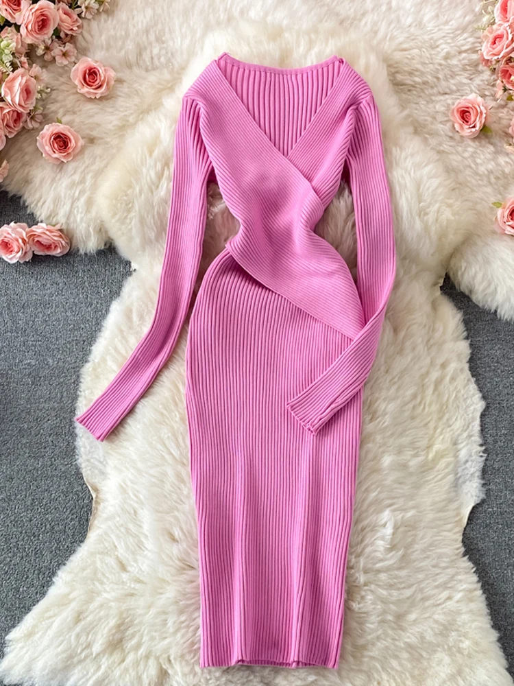 YuooMuoo Autumn Winter Women Dress Elegant Cross V-neck Slim Waist Knitted Bodycon Dress Korean Office Lady Vestidos