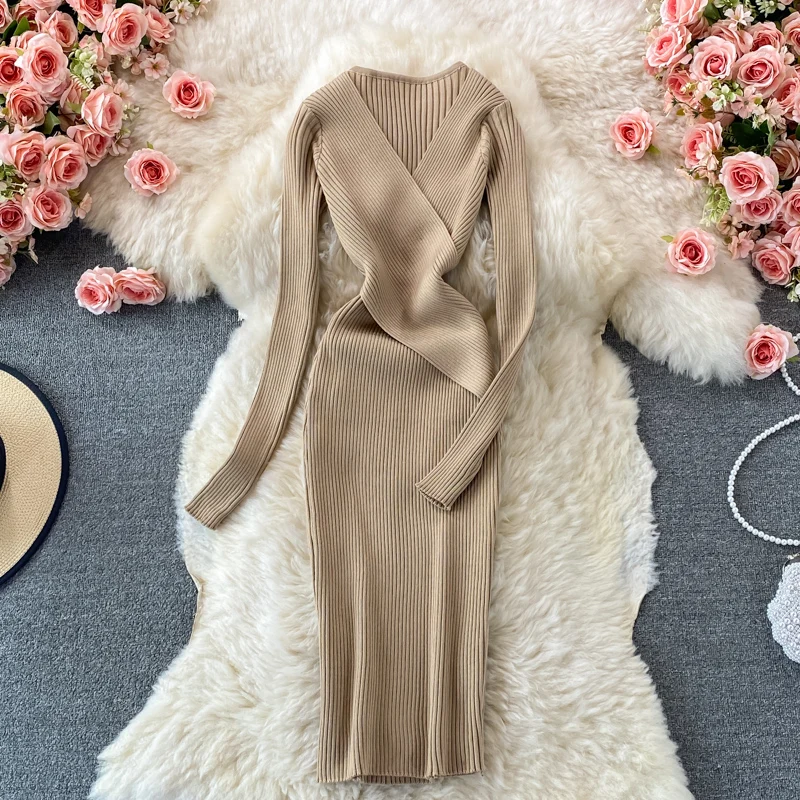 YuooMuoo Autumn Winter 2023 Women Dress Elegant Cross V-neck Slim Waist Knitted Bodycon Dress Korean Office Lady Vestidos