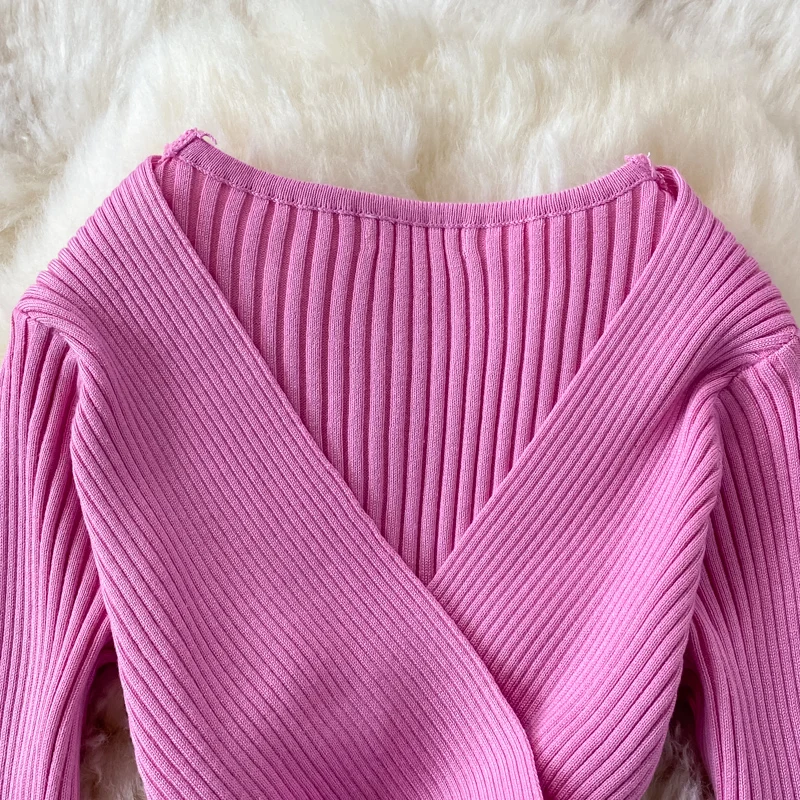 YuooMuoo Autumn Winter 2023 Women Dress Elegant Cross V-neck Slim Waist Knitted Bodycon Dress Korean Office Lady Vestidos