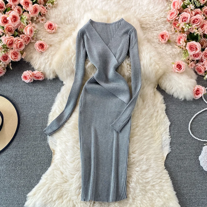 YuooMuoo Autumn Winter 2023 Women Dress Elegant Cross V-neck Slim Waist Knitted Bodycon Dress Korean Office Lady Vestidos
