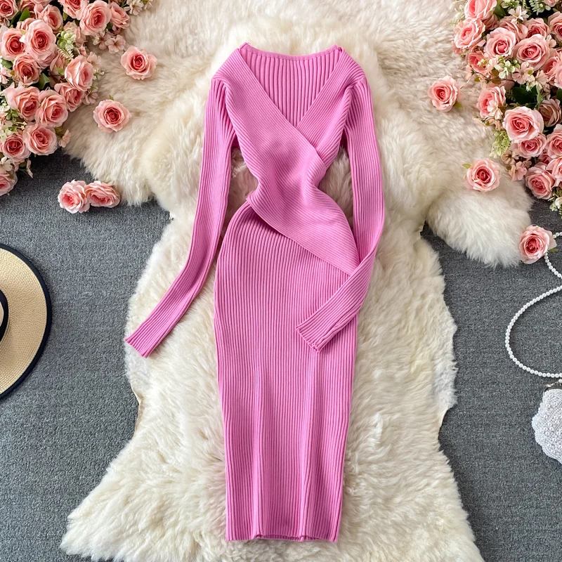 YuooMuoo Autumn Winter 2023 Women Dress Elegant Cross V-neck Slim Waist Knitted Bodycon Dress Korean Office Lady Vestidos