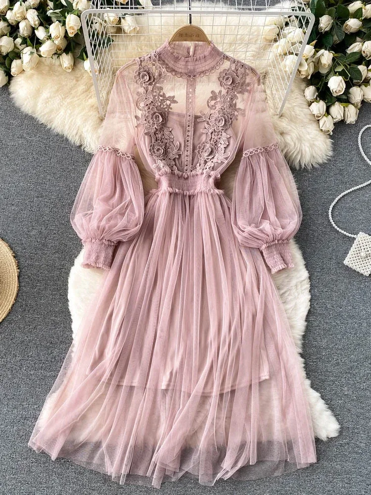 Alternative view of Ladies Dress Three-dimensional Flower Hook Mesh Temperament Stand Collar Lantern Sleeve High Waist Slim Female Dresses