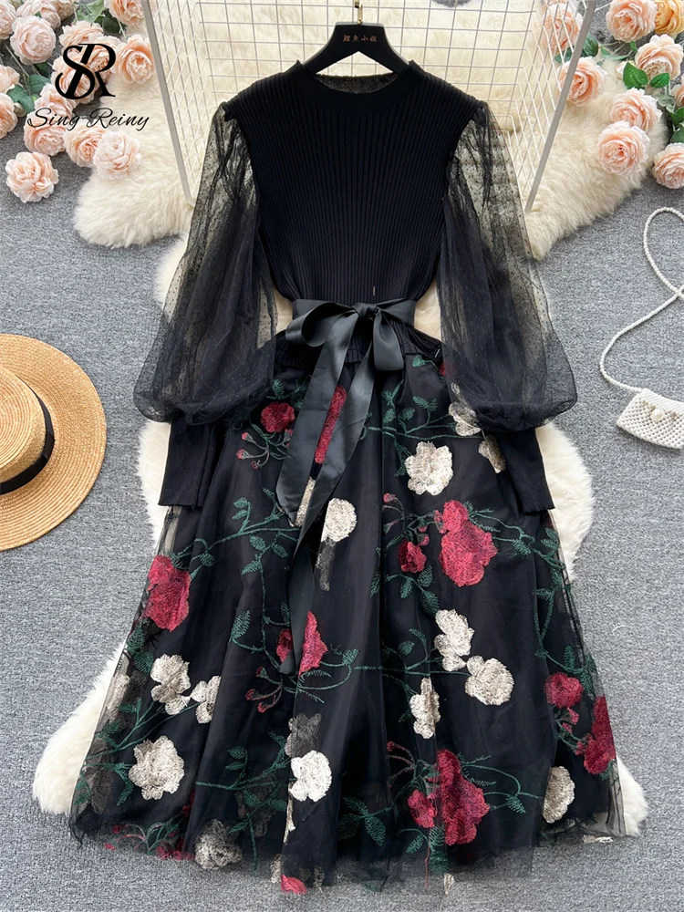 Alternative view of SINGREINY Senior Knitted Patchwork Dress Long Lantern Sleeves Bow Mesh Embroidery Floral Women Autumn France Elegant Party Dress