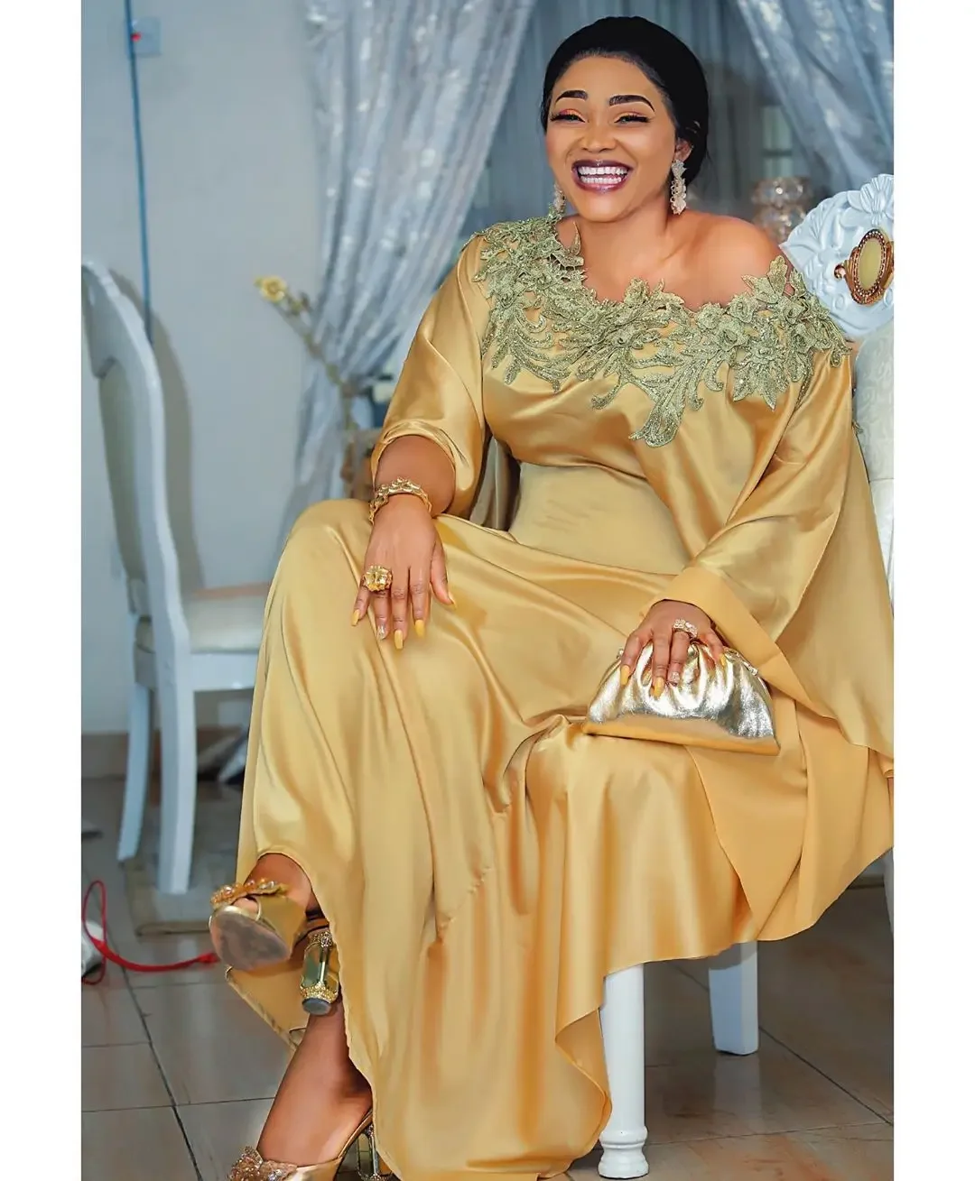 Alternative view of MCK Africa Gown Dress Silk Fabric Satin Gold Color Golden Flower Embroidery Diamond Abaya Party High Quality Maxi Long Dresses