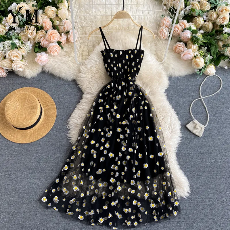 Alternative view of YuooMuoo Korean Fashion Daisy Flower Print Mesh Party Dress Summer Two Layers Spaghetti Strap Vacation Midi Dress Beach Vestidos