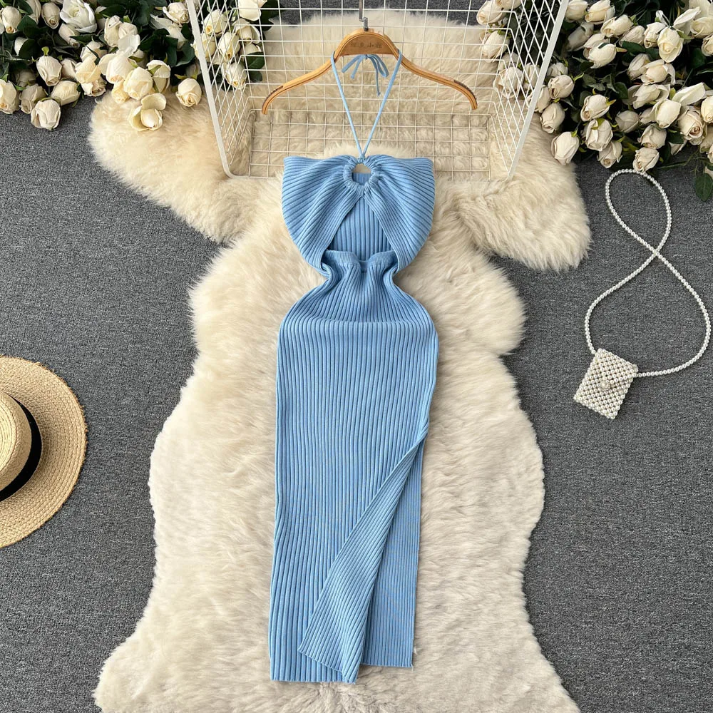 YuooMuoo Chic Fashion Sexy Package Hips Split Knitted Summer Dress Women Slim Elastic Bodycon Party Dress Streetwear Outfits
