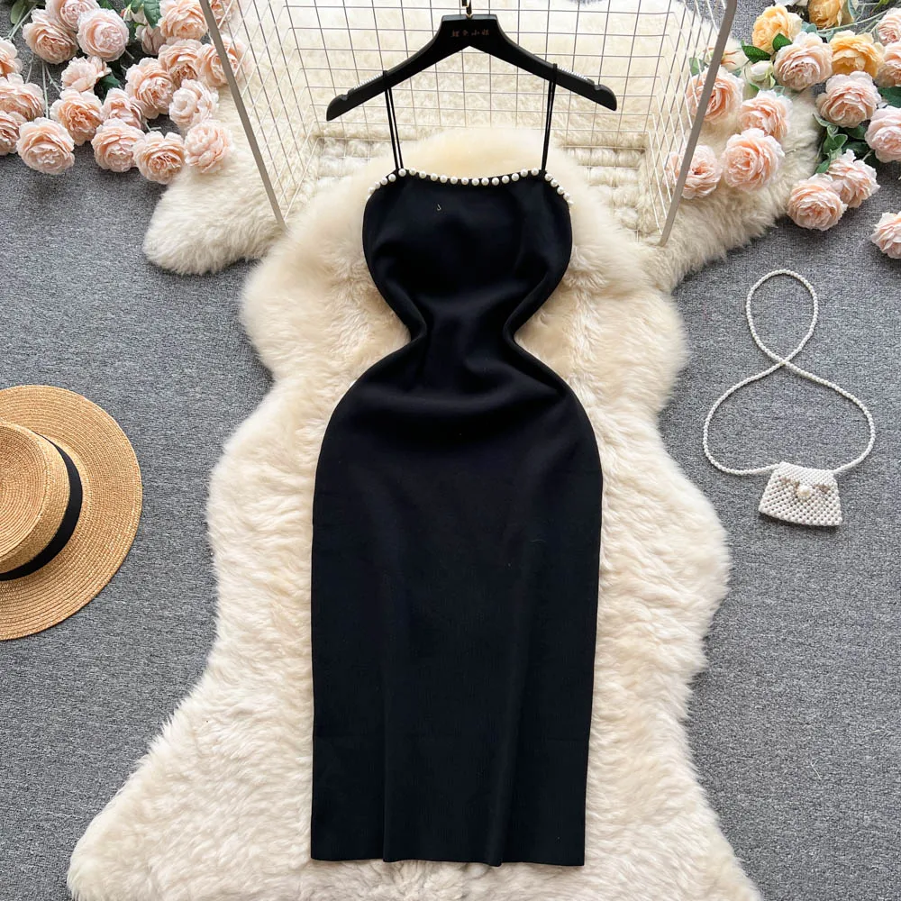 YuooMuoo Chic Fashion Pearl Design Knitted Women Dress Sexy Wrap Hips Bodycon Party Dress Basic Fall Streetwear Outfits Vestido