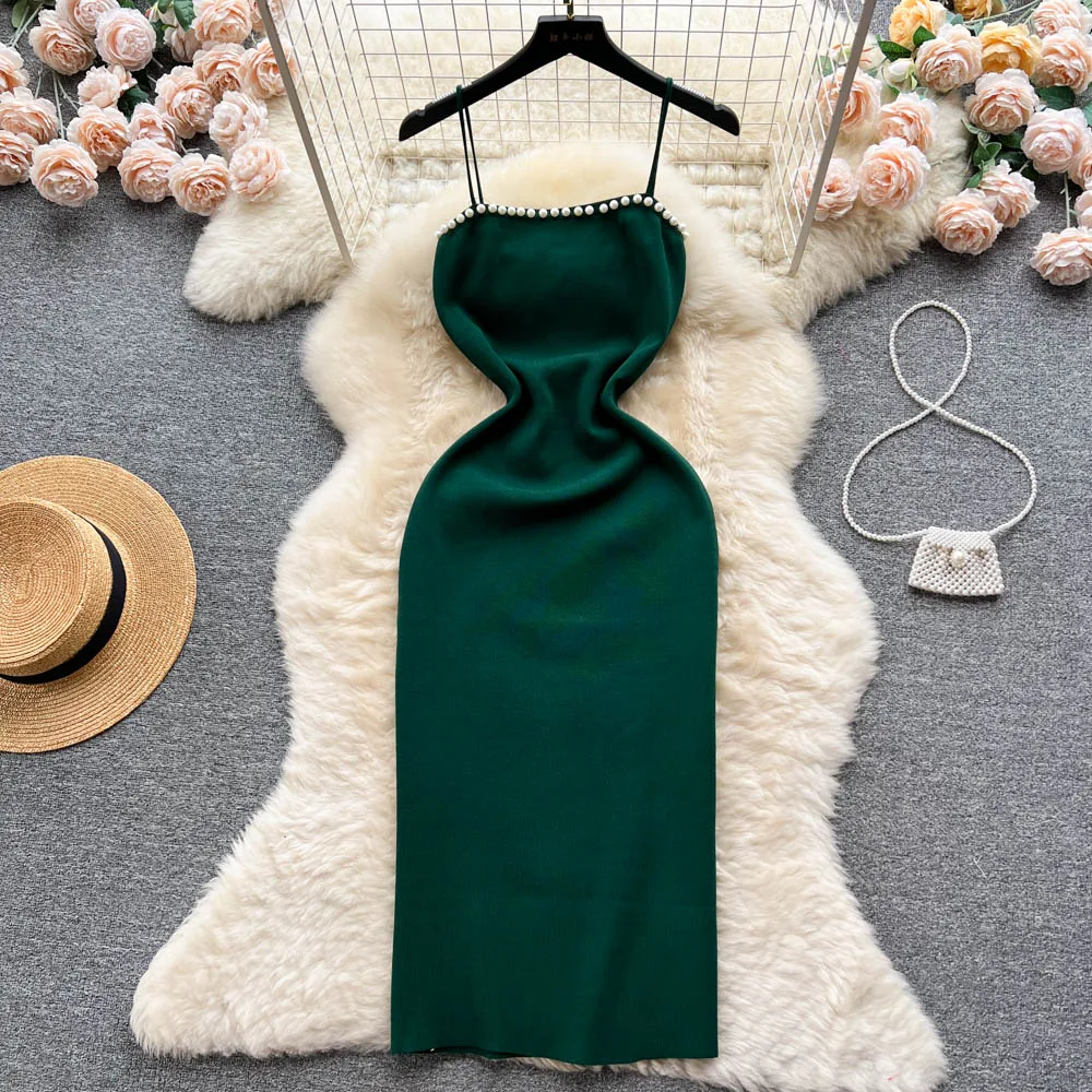 YuooMuoo Chic Fashion Pearl Design Knitted Women Dress Sexy Wrap Hips Bodycon Party Dress Basic Fall Streetwear Outfits Vestido