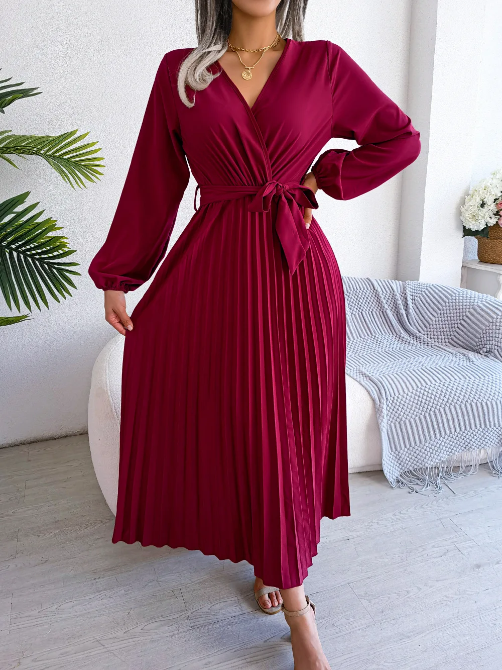 Alternative view of Women Elegant V Neck Long Sleeve Pleated Maxi Dress