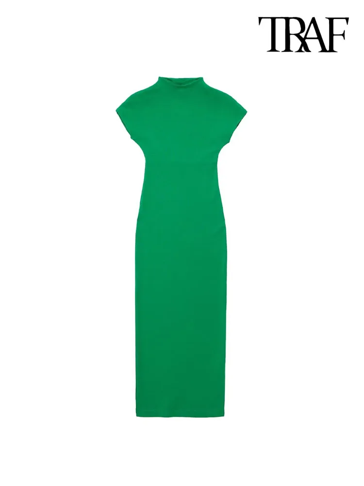 Alternative view of TRAF Women Fashion Fitted Knit Midi Dress Vintage O Neck Short Sleeve Female Dresses Vestidos Mujer