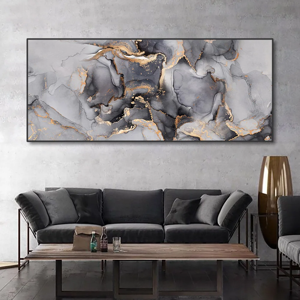 Alternative view of Large Size Abstract Black Gold Wall Art Canvas Painting Luxury Marble Texture Poster Prints Picture for Modern Livingroom Decor