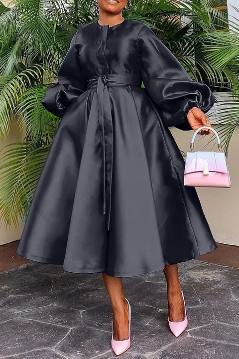 Alternative view of Elegant Satin Lantern Sleeve Party Maxi Dress Women Solid Button Down Shirt Evening Wedding Long Dress Women