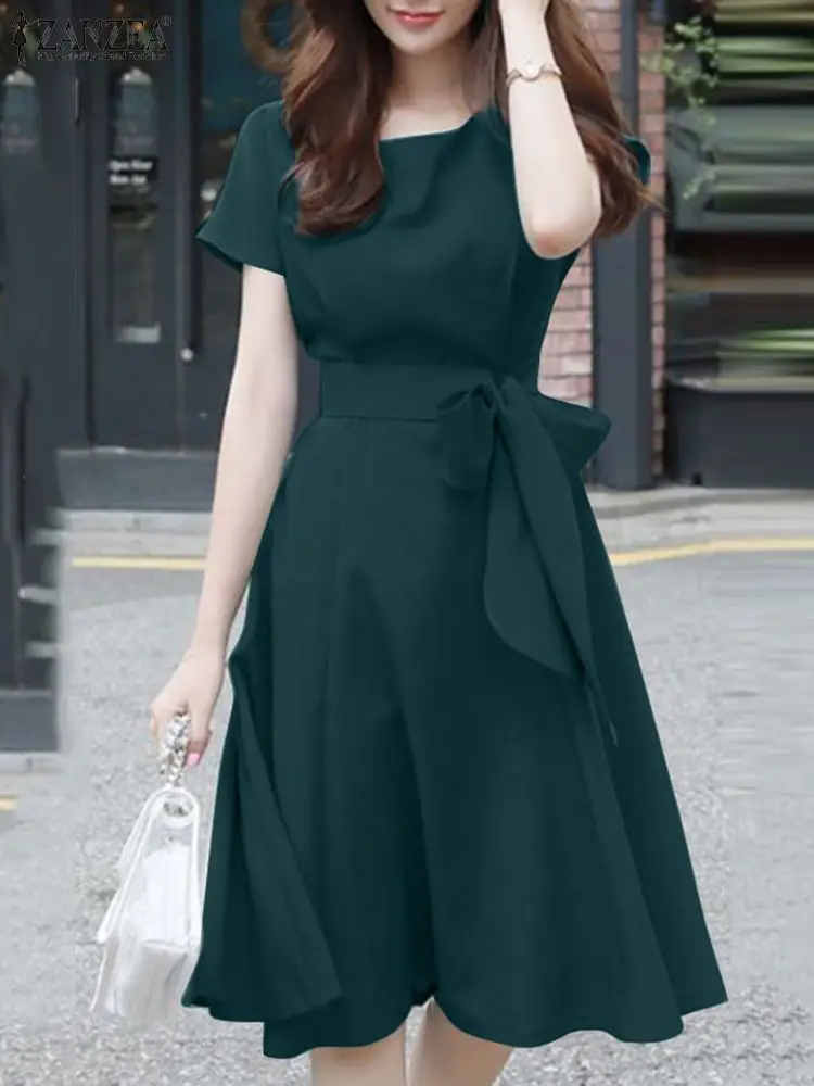Alternative view of ZANZEA Women Solid Slim Mini Dress O-Neck Short Sleeve Knee Length Sundress Elegant Casual Loose Vintage Party Work A-Line Robe