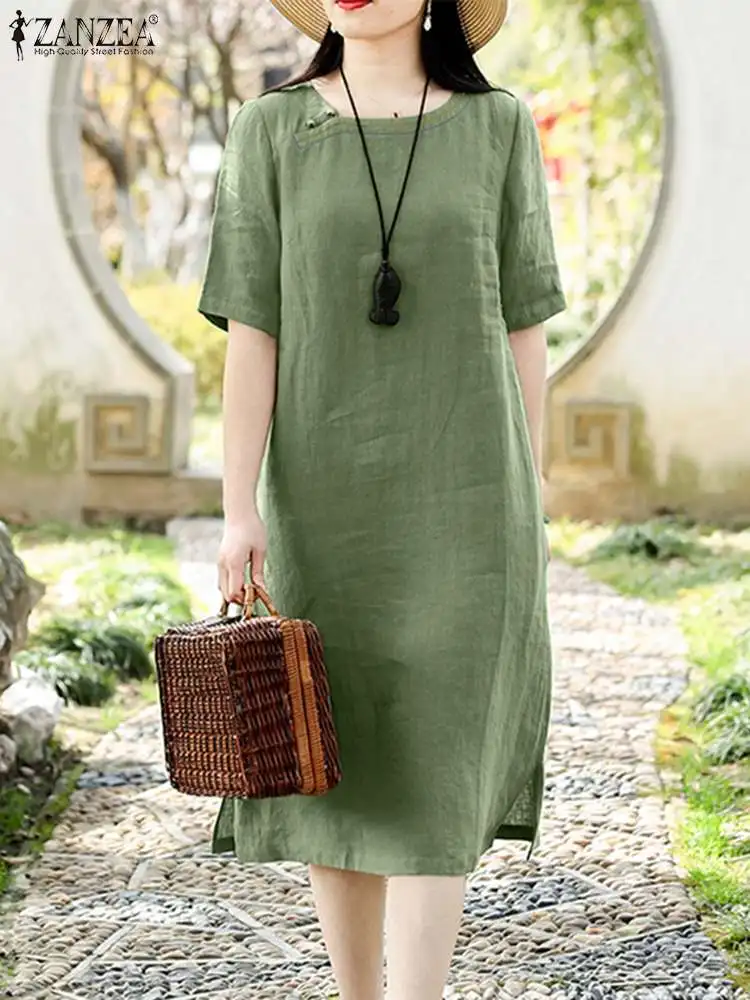 Alternative view of ZANZEA Woman Dress Summer Fashion Cotton Sundress Female Short Sleeve O-Neck Solid Color Robe Female Elegant Holiday Midi Robe