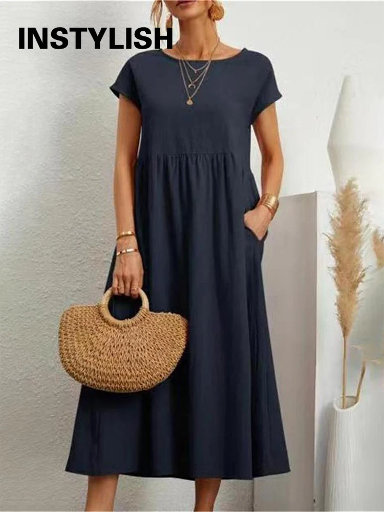 Alternative view of Vintage Solid Midi Dress Casual Short Sleeve Cotton and Linen Harajuku Oversized Long Dress Women Summer Y2K Maxi Sundress