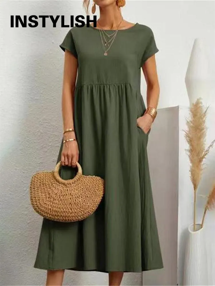 Vintage Solid Midi Dress Casual Short Sleeve Cotton and Linen Harajuku Oversized Long Dress Women Summer Y2K Maxi Sundress