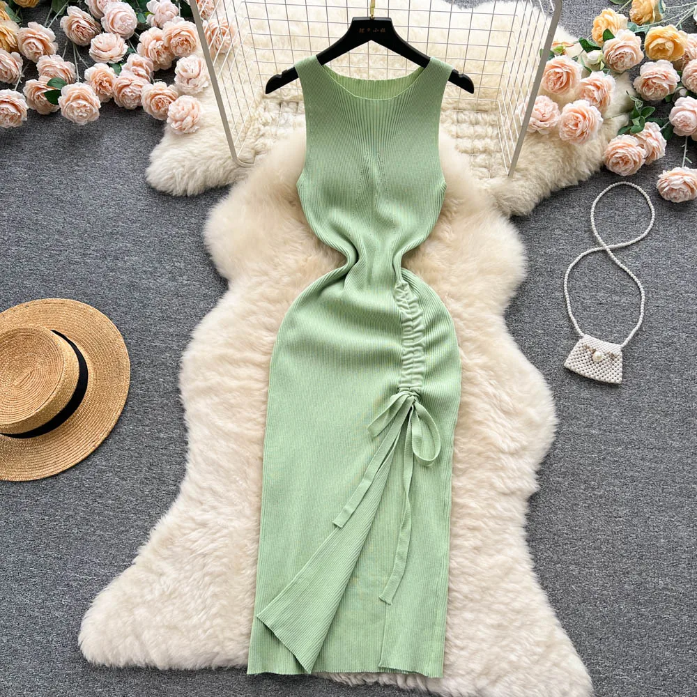 Alternative view of YuooMuoo Fashion Summer Bodycon Knitted Dress Sexy Package Hips Drawstring Split Black Women Dress Basic Lady Party Vestidos