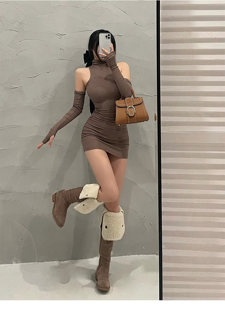 Summer Sexy High Neck Tight Dress Oversleeve Pleated Bottom Wrapped Hip Dress Women Bodycon Summer Sexy High Neck Tight Dress Oversleeve Pleated Bottom Wrapped Hip Dress Women Bodycon