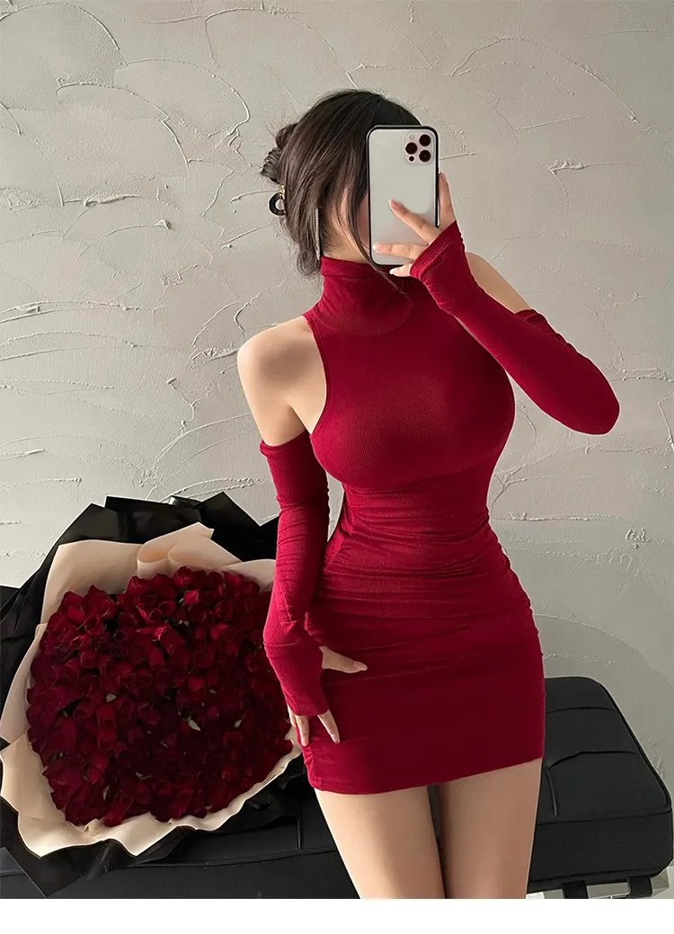 Summer Sexy High Neck Tight Dress Oversleeve Pleated Bottom Wrapped Hip Dress Women Bodycon Summer Sexy High Neck Tight Dress Oversleeve Pleated Bottom Wrapped Hip Dress Women Bodycon