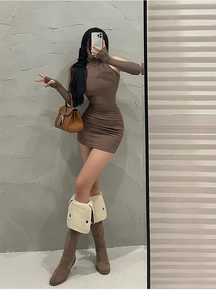 Summer Sexy High Neck Tight Dress Oversleeve Pleated Bottom Wrapped Hip Dress Women Bodycon Summer Sexy High Neck Tight Dress Oversleeve Pleated Bottom Wrapped Hip Dress Women Bodycon