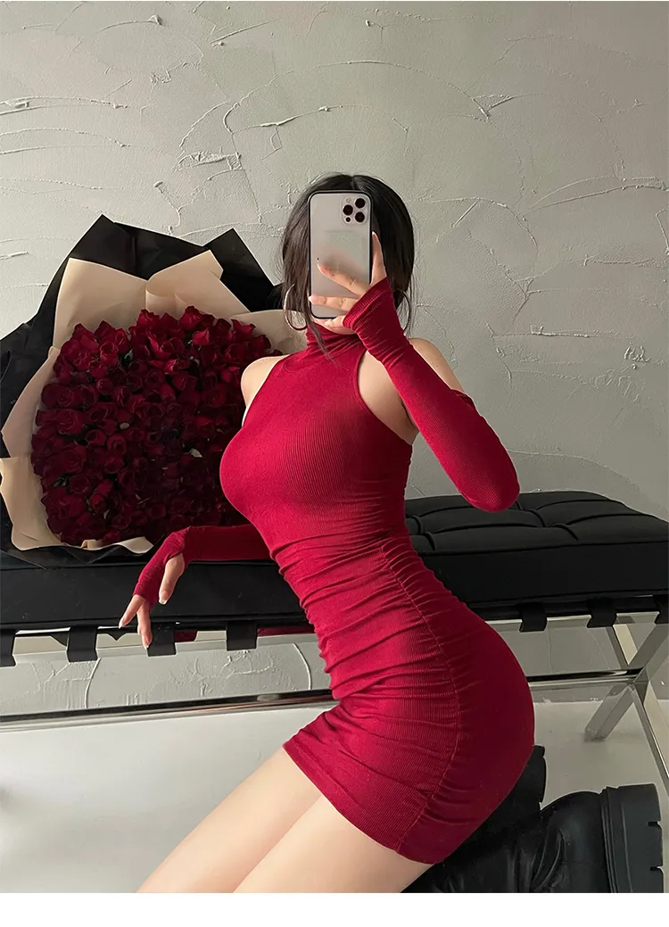 Summer Sexy High Neck Tight Dress Oversleeve Pleated Bottom Wrapped Hip Dress Women Bodycon Summer Sexy High Neck Tight Dress Oversleeve Pleated Bottom Wrapped Hip Dress Women Bodycon