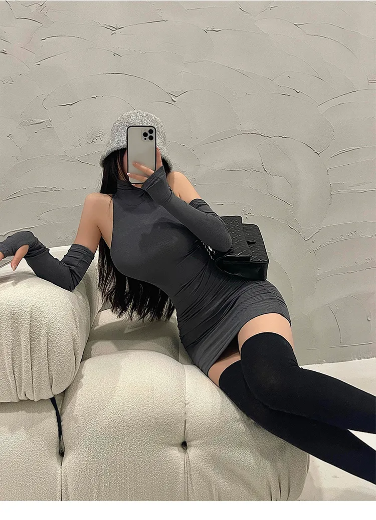 Summer Sexy High Neck Tight Dress Oversleeve Pleated Bottom Wrapped Hip Dress Women Bodycon Summer Sexy High Neck Tight Dress Oversleeve Pleated Bottom Wrapped Hip Dress Women Bodycon