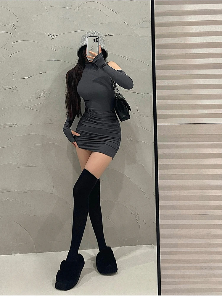 Summer Sexy High Neck Tight Dress Oversleeve Pleated Bottom Wrapped Hip Dress Women Bodycon Summer Sexy High Neck Tight Dress Oversleeve Pleated Bottom Wrapped Hip Dress Women Bodycon