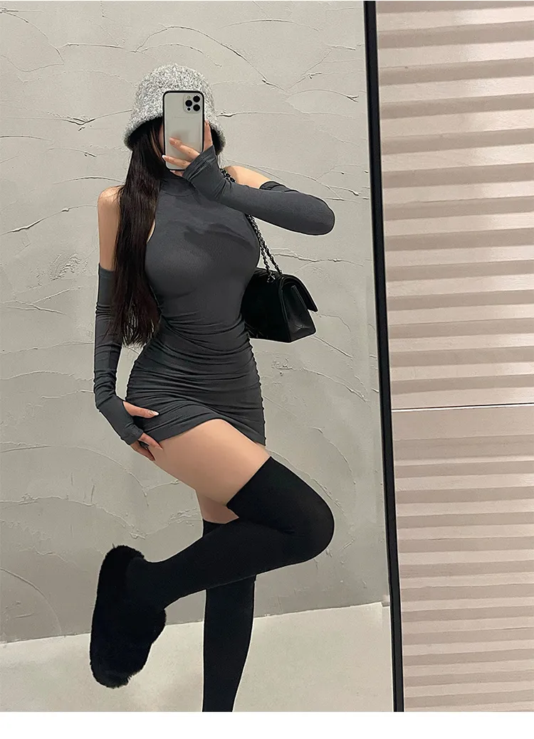 Summer Sexy High Neck Tight Dress Oversleeve Pleated Bottom Wrapped Hip Dress Women Bodycon Summer Sexy High Neck Tight Dress Oversleeve Pleated Bottom Wrapped Hip Dress Women Bodycon