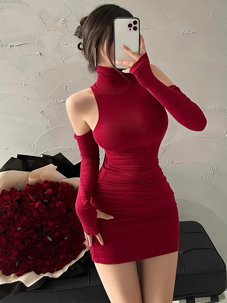 Alternative view of Summer Sexy High Neck Tight Dress Oversleeve Pleated Bottom Wrapped Hip Dress Women Bodycon