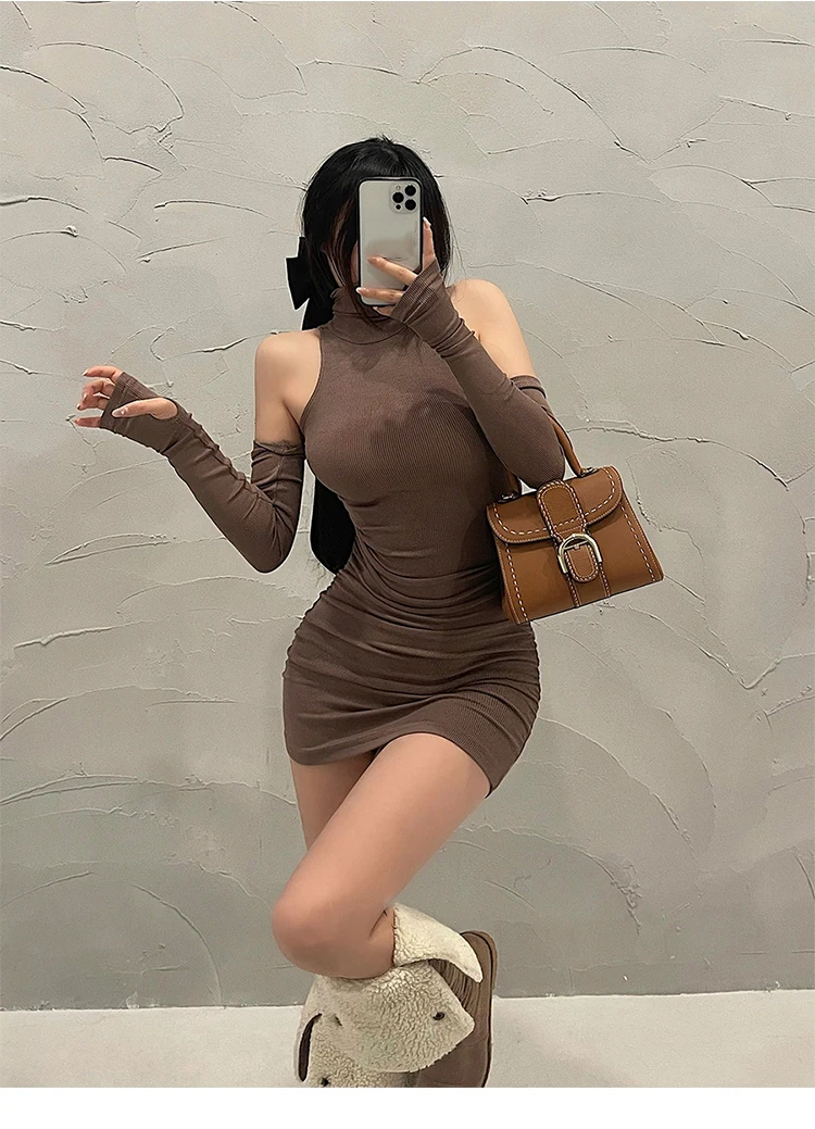 Summer Sexy High Neck Tight Dress Oversleeve Pleated Bottom Wrapped Hip Dress Women Bodycon Summer Sexy High Neck Tight Dress Oversleeve Pleated Bottom Wrapped Hip Dress Women Bodycon