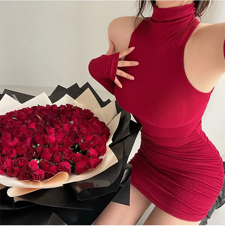 Summer Sexy High Neck Tight Dress Oversleeve Pleated Bottom Wrapped Hip Dress Women Bodycon Summer Sexy High Neck Tight Dress Oversleeve Pleated Bottom Wrapped Hip Dress Women Bodycon