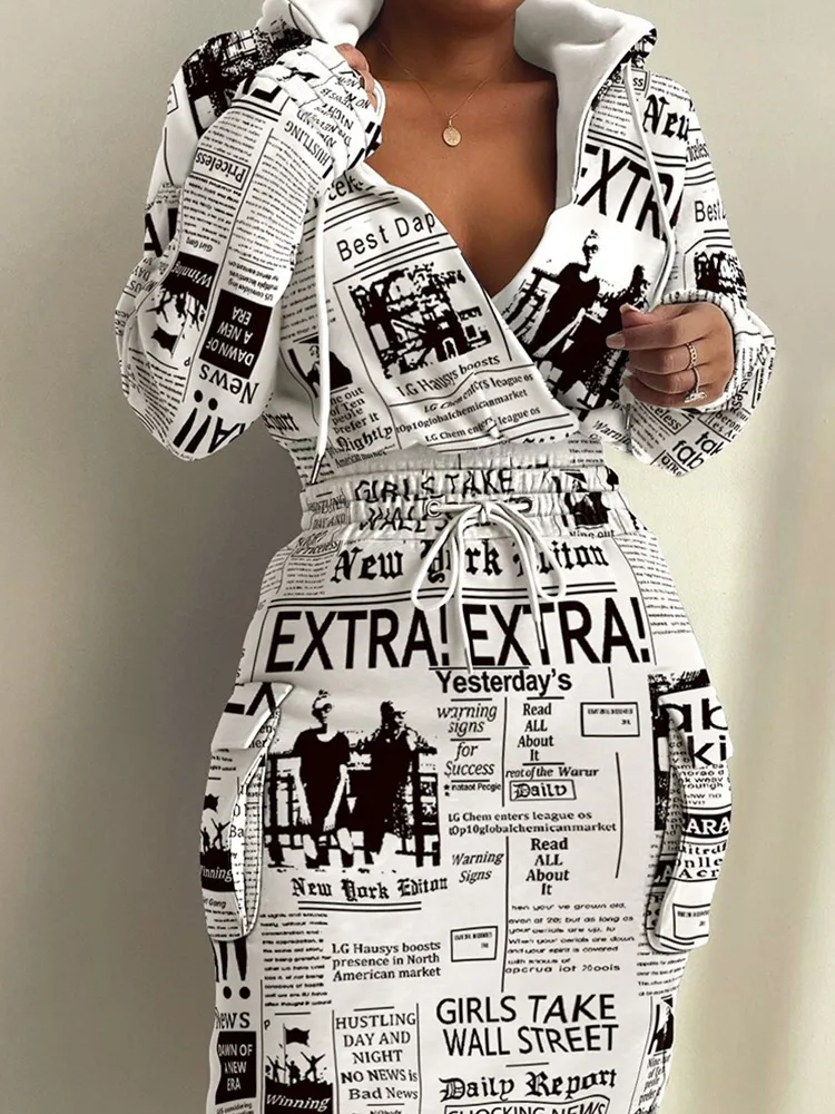 Women's Dress Plaid Drawstring Retract Waist Hooded Dresses Spring Autumn New Newspaper Print Sweatshirt Dress