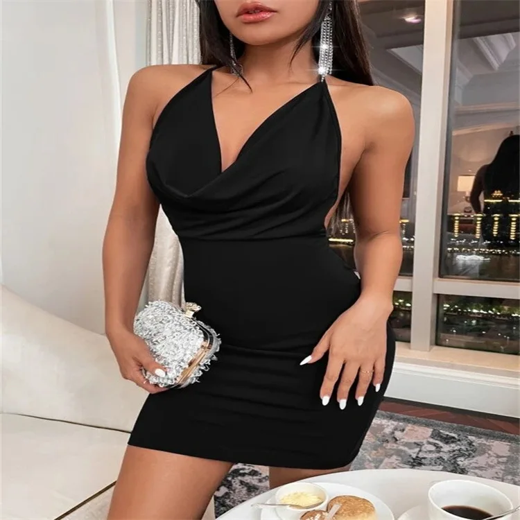 Alternative view of Sexy Mini Dress Lace Up Strap Pure Silod Party Club Elegant Y2K Hang Neck Hollow Backless Straples V Neck Elegant Evening Dresse