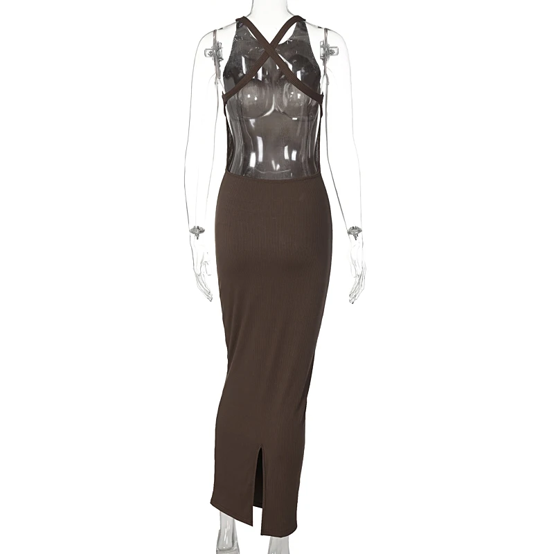 Hugcitar Ribbed Solid Hollow Out Backless Sleeveless Sexy Slit Mini Dress Bodycon 2024Summer Women Outfits Elegant Party Y2K Hugcitar Ribbed Solid Hollow Out Backless Sleeveless Sexy Slit Mini Dress Bodycon 2024Summer Women Outfits Elegant Party Y2K