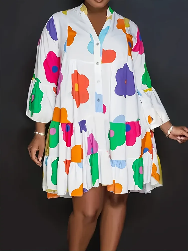 Plus Size 2023 Autumn New Floral Printed Women's Dresses,Casual Loose Button Fashion wear Polyester V-Neck Pleated Dresses