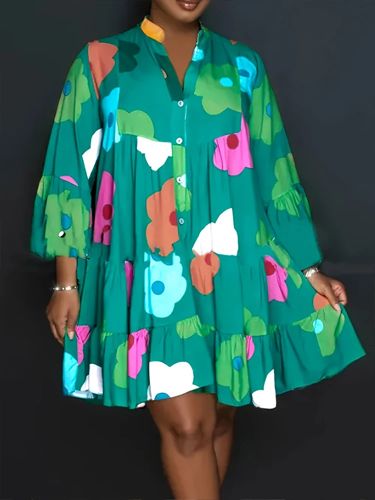 Alternative view of Plus Size 2023 Autumn New Floral Printed Women's Dresses,Casual Loose Button Fashion wear Polyester V-Neck Pleated Dresses