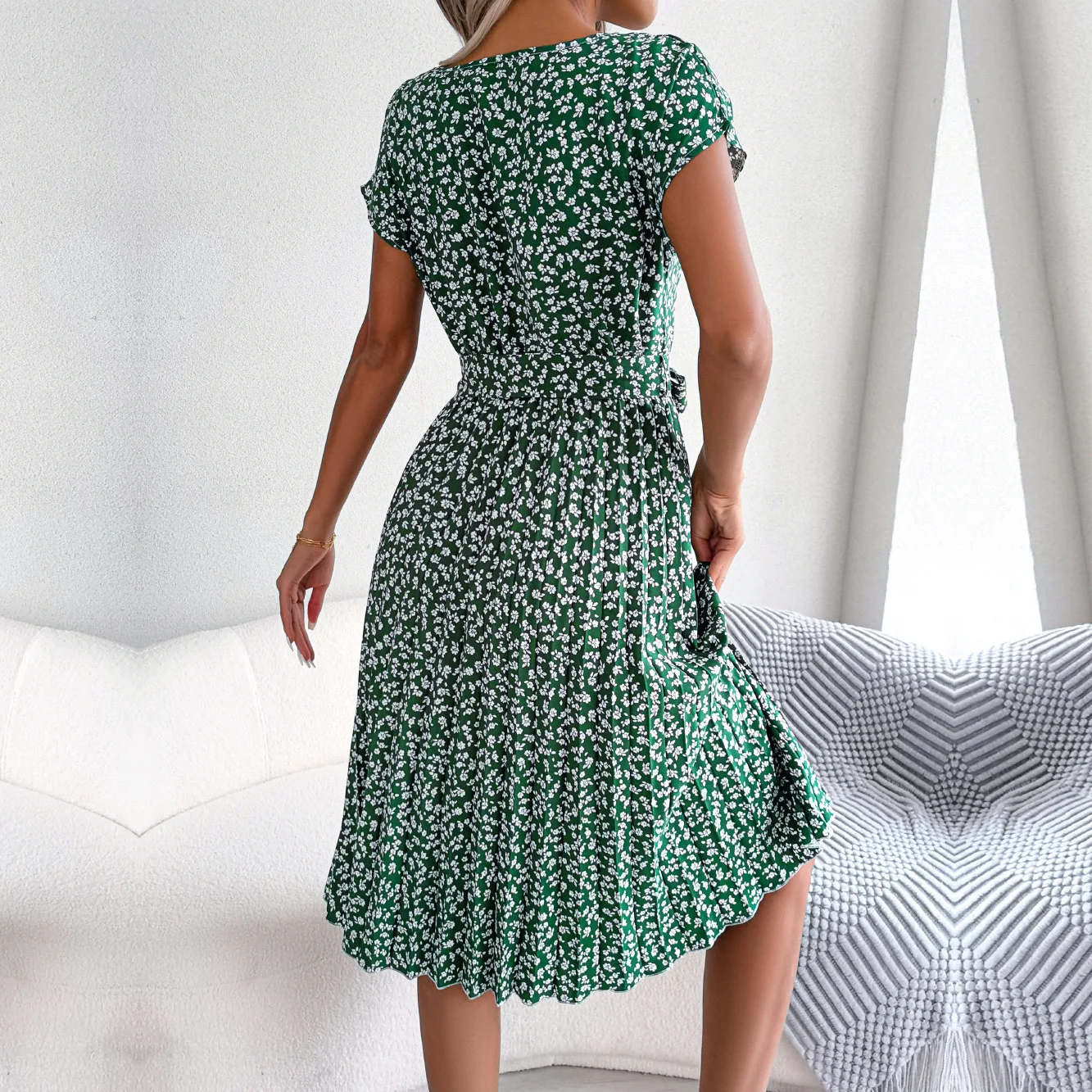 Alternative view of Women Spring Summer Short Sleeve High Waist Chic Dress Fashion Floral Pleated A Line Long Dress