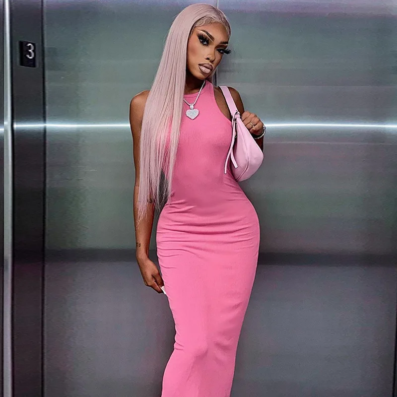 Hugcitar Ribbed Sexy Y2K Clothes Sleeveless Bodycon Maxi Dresses For Women Club Birthday Party Streetwear Elegant Outfits