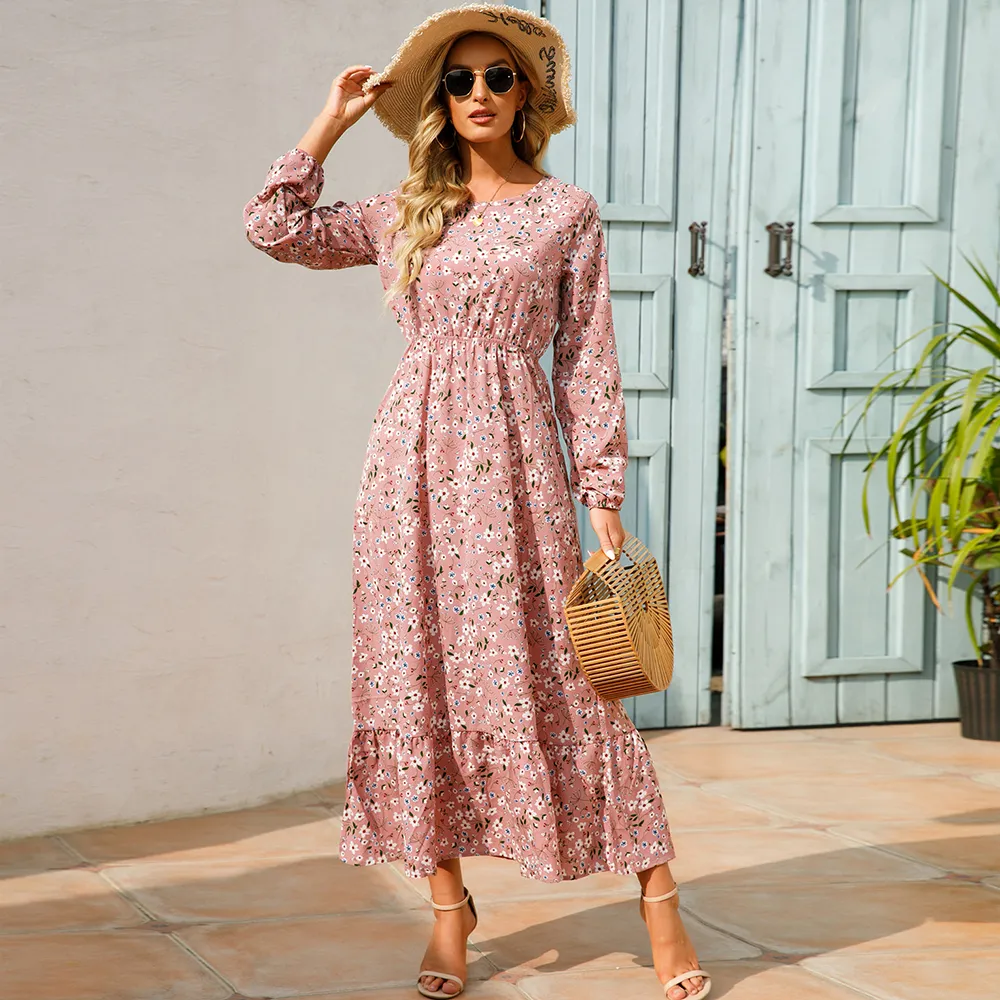 Sping Summer Bohemian Women Maxi Dress Casual Long Sleeve High Waist Beach Woman Chiffon Dresses Floral Vestidoes New