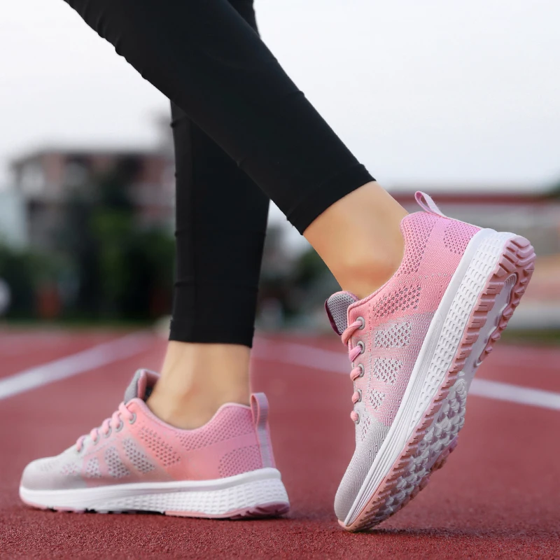 Women Casual Shoes Breathable Walking Mesh Lace Up Flat Shoes Sneakers Women Tenis Feminino Pink Black White - Image 4