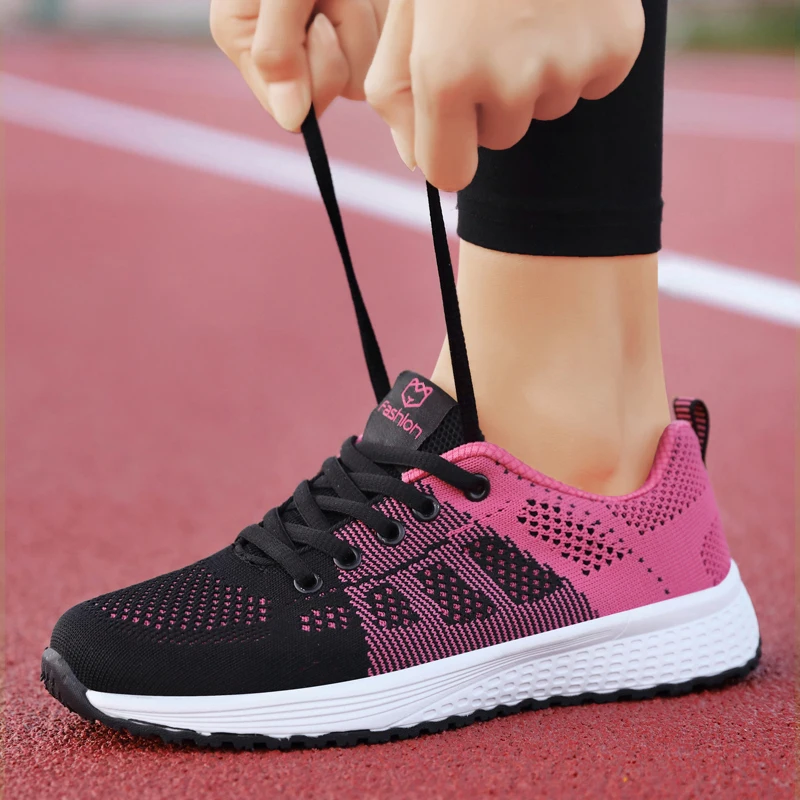 Women Casual Shoes Breathable Walking Mesh Lace Up Flat Shoes Sneakers Women Tenis Feminino Pink Black White - Image 3