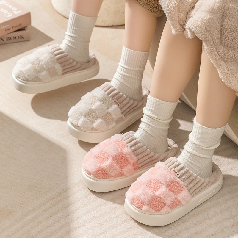 Fashion Couple Winter Toe Wrap Warm Plaid Cotton Slippers Thick Soft Sole Slides Men Women Indoor Floor Flat Home Non-slip Shoes Fashion Couple Winter Toe Wrap Warm Plaid Cotton Slippers Thick Soft Sole Slides Men Women Indoor Floor Flat Home Non-slip Shoes