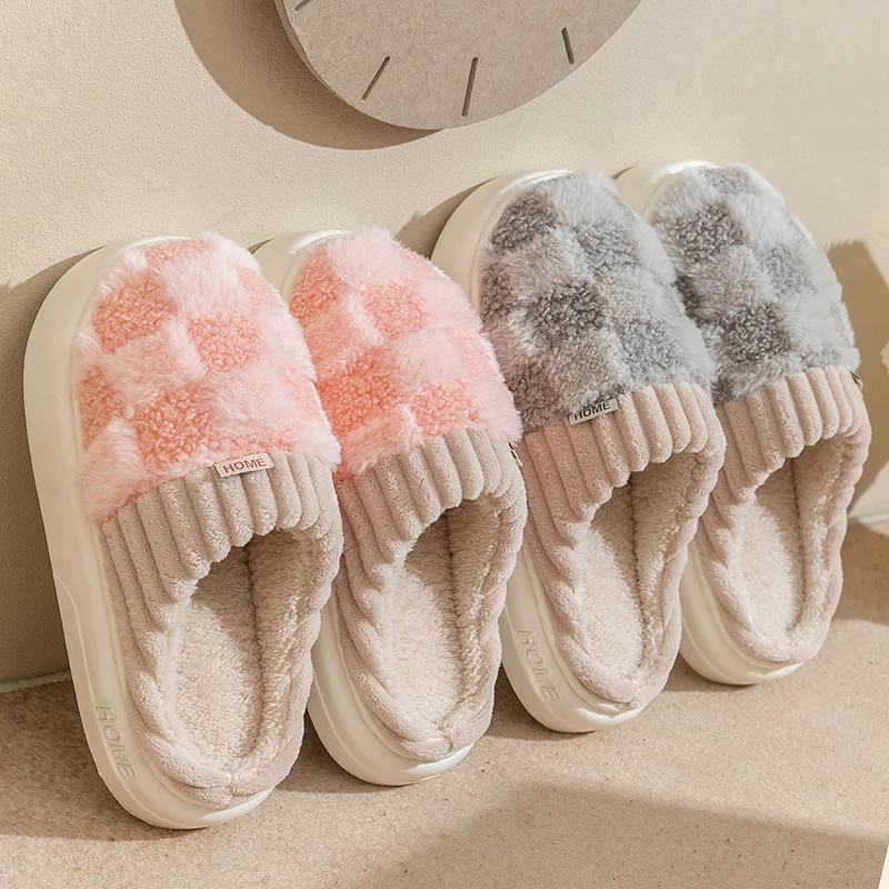 Fashion Couple Winter Toe Wrap Warm Plaid Cotton Slippers Thick Soft Sole Slides Men Women Indoor Floor Flat Home Non-slip Shoes - Image 3