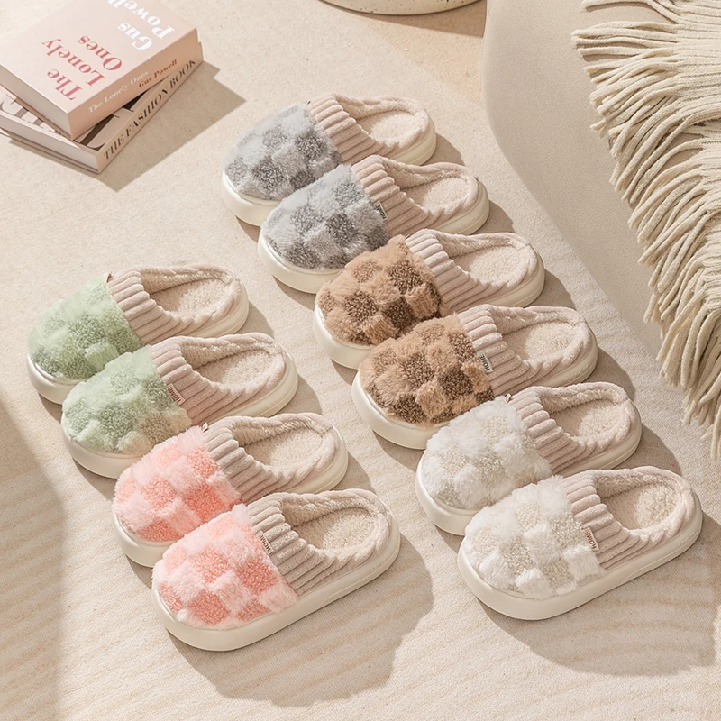 Alternative view of Fashion Couple Winter Toe Wrap Warm Plaid Cotton Slippers Thick Soft Sole Slides Men Women Indoor Floor Flat Home Non-slip Shoes