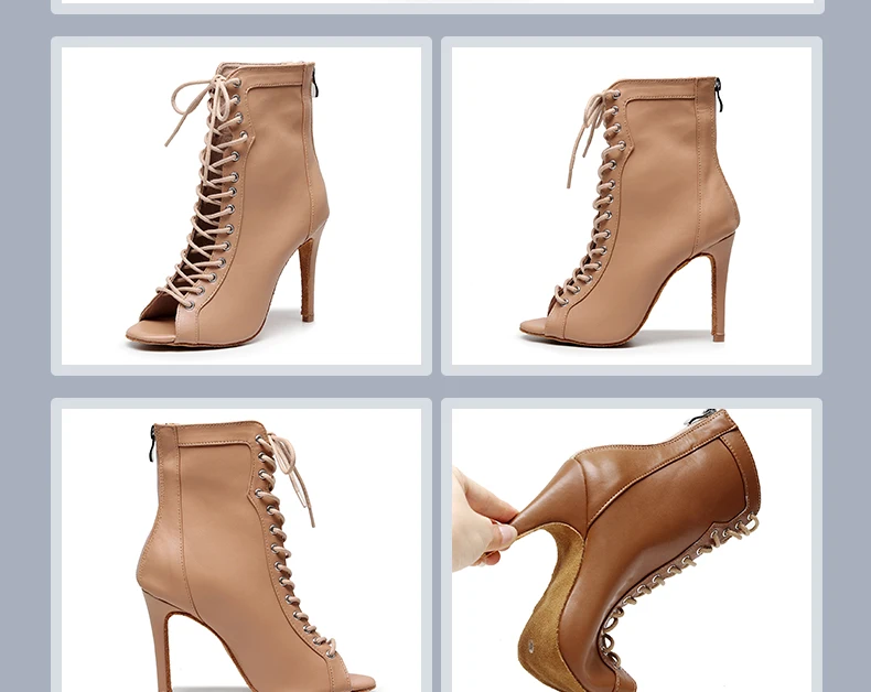 Woman Black Brown Latin Jazz Dance Shoes Open Toe High Heel Stiletto Bootie Girls Slim Heel 8.5cm/10cm Lace Up Dance Boots
