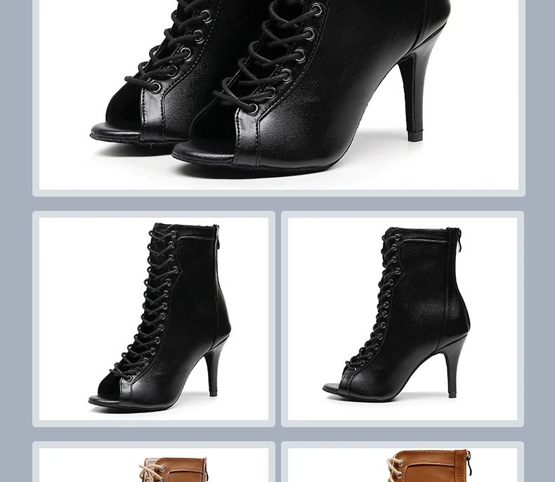 Woman Black Brown Latin Jazz Dance Shoes Open Toe High Heel Stiletto Bootie Girls Slim Heel 8.5cm/10cm Lace Up Dance Boots