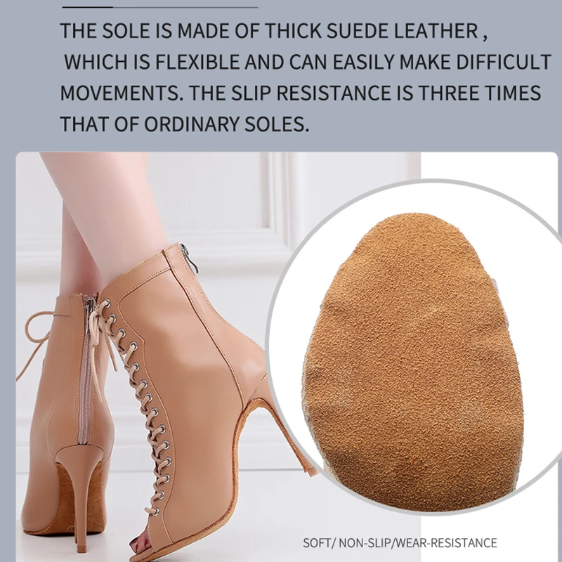Alternative view of Woman Black Brown Latin Jazz Dance Shoes Open Toe High Heel Stiletto Bootie Girls Slim Heel 8.5cm/10cm Lace Up Dance Boots