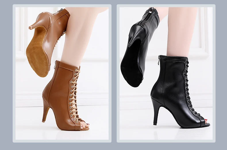 Woman Black Brown Latin Jazz Dance Shoes Open Toe High Heel Stiletto Bootie Girls Slim Heel 8.5cm/10cm Lace Up Dance Boots