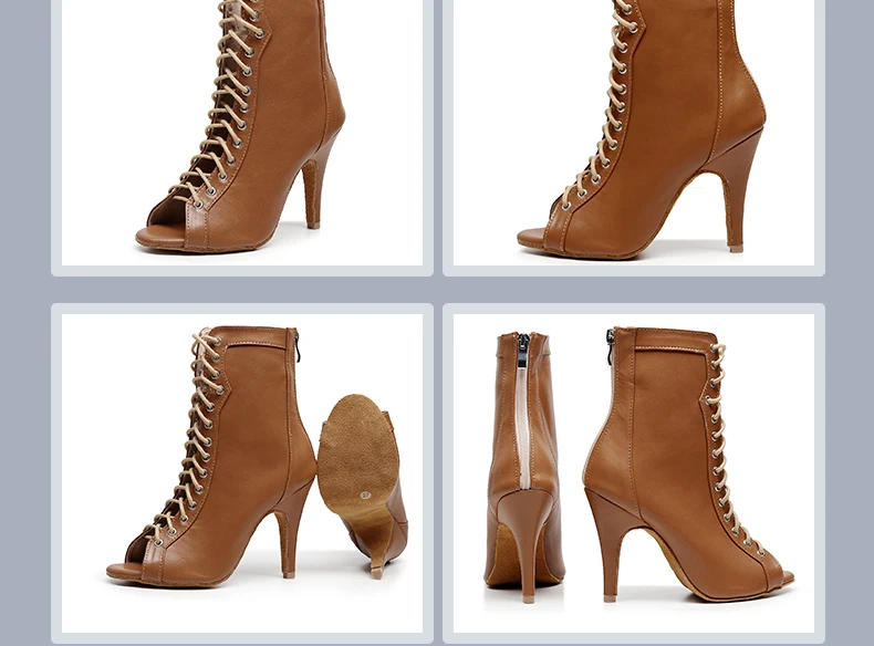 Woman Black Brown Latin Jazz Dance Shoes Open Toe High Heel Stiletto Bootie Girls Slim Heel 8.5cm/10cm Lace Up Dance Boots